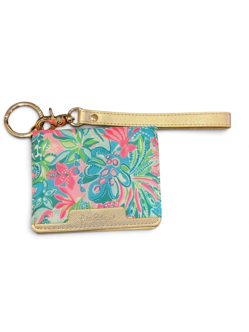 Lilly Pulitzer Gold Wristlet Card Case with Turquoise Pink Floral Print